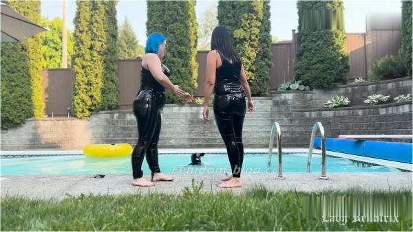 Lady Bellatrix and Ms. Sinstress - Duo Domme Poolside Ballbusting